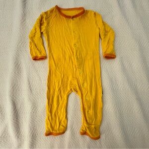 Mustard yellow Kickee Pants snug-fit sleeper pajamas with drop seat